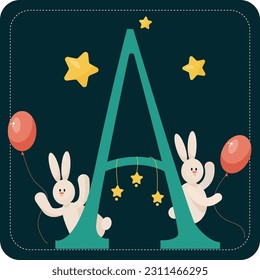 vector letter A with cute small bunnies that holding ballons, and little stars