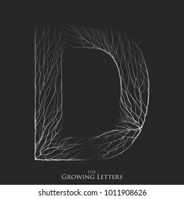 Vector letter D of branch or cracked alphabet. D symbol consisting of growing white lines. Fractured letters. Lighting silhouette of capital letters. Abstract font