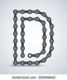 Letra vectorial D creada a partir de una cadena de bicicletas realista. Símbolo de alfabeto. Aislado sobre fondo blanco. 