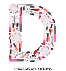 Vector letter "D" with different manicure tools and cosmetics
