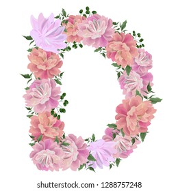 Vector letter "D" of peony flowers. All elements are isolated.