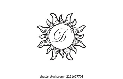 Vector letter D in sun on white background. tattoo, logo, t-shirt etc. It is suitable for prints.
