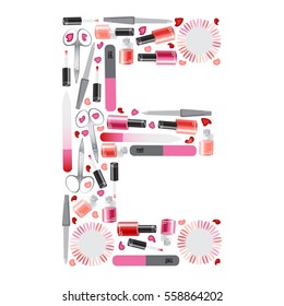 Vector letter "E" with different manicure tools and cosmetics