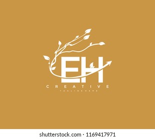 Vector Letter EH with Elegant Swoosh Arrow Decorative Leaf Vector Logo