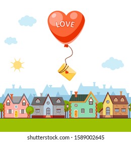 Vector letter in an envelope on a big red balloon in the the shape of heart with the word "love" flying above the city landscape. Cute love illustration with houses. Saint Valentine's day in town