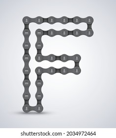 Vector letter F created from realistic bike chain. Alphabet symbol. Isolated on white background. 