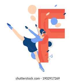 Vector letter F for figure skating with young woman in winter clothes on skates. Isolated on white background healthy lifestyle illustration
