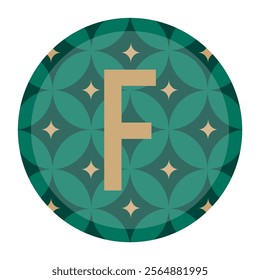 Vector letter F inside a circular frame with dark green geometric patterns and gold highlights, designed to bring beauty and versatility to any graphic project.