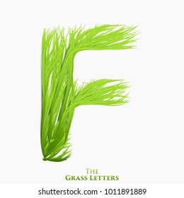 Vector letter F of juicy grass alphabet. Green F symbol consisting of growing grass. Realistic alphabet of organic plants. Spring and ecology typeset illustration