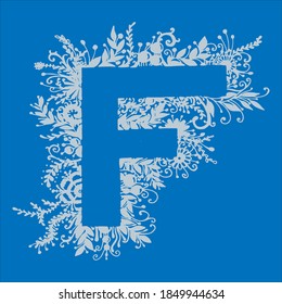 Vector letter f for the title. F decorated with blue twigs. For the word February.