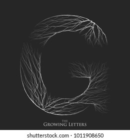 Vector letter G of branch or cracked alphabet. G symbol consisting of growing white lines. Fractured letters. Lighting silhouette of capital letters. Abstract font