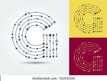 Vector letter G. Isolated and editable character in the style of techno. The sign was created interlacing lines and dots. The template text can be used for posters, banners, labels, presentations.