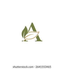 vector letter A in green and gold that combines with leaves