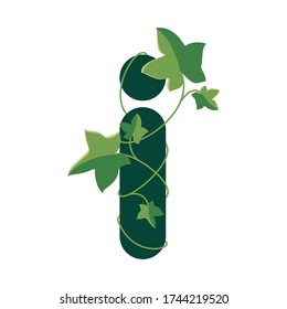 Vector letter I with green leaves. Green letter