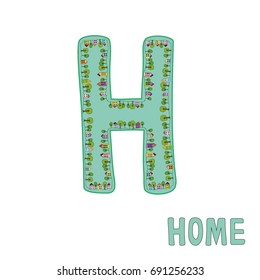 Vector letter H. The capital letter H made of elements - houses and trees, city street. Vector city abc. English alphabet. Font vector illustration. 