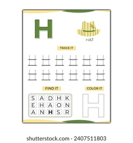 vector letter h worksheet template with hat