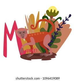 vector letter with an illustration of a monkey, leaves, initial letter