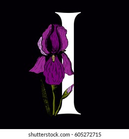 Vector letter I with iris flower