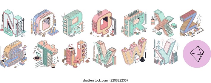 The vector Letter isometric building tower, Peach Color Use for design Landmark and isolated white art ornament