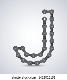 Vector letter J created from realistic bike chain. Alphabet symbol. Isolated on white background. 