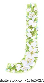 Vector  letter J decorated white flowers and leaves pattern, isolated on white.