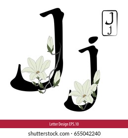 Vector of Letter J, English alphabet in Chinese characters style with Chinese flower painting.