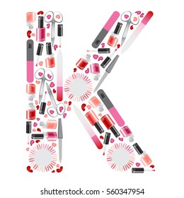 Vector letter "K" with different manicure tools and cosmetics