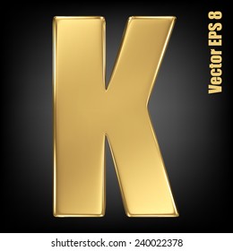 Vector letter K from gold solid alphabet. Uppercase golden font collection. EPS 8