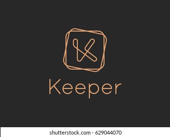 Vector letter K logo design template. Alphabet label sign for branding and identity. Linear lettering calligraphy emblem with ornamental frame. Type character symbol illustration with elegant line art