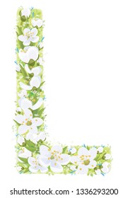 Vector  letter L decorated white flowers and leaves pattern, isolated on white.