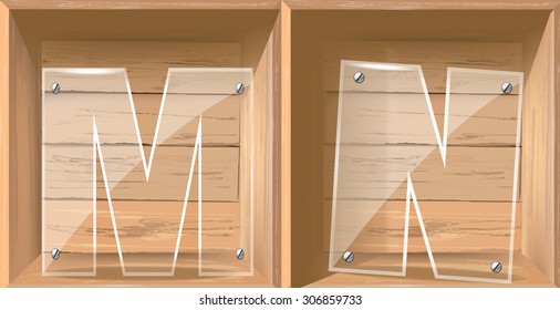 vector letter m and n in wood box 
