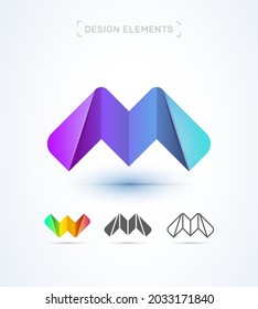 Vector letter M or W logo design template. Company or app icon in modern 3d, flat and line art style