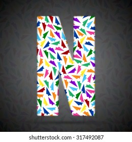 Vector letter made paper plane - N. Concept toy font shape of aircraft, airplane, fly wings. Creative type, alphabet, font. Colorful, multicolor, colour child letters.