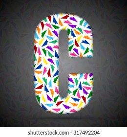 Vector letter made paper plane - C. Concept toy font shape of aircraft, airplane, fly wings. Creative type, alphabet, font. Colorful, multicolor, colour child letters.