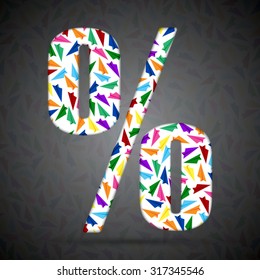 Vector letter made sign commercial percent. Concept toy font shape of aircraft, airplane, fly wings. Creative type, alphabet, font. Colorful, multicolor, colour child letters. Store, retail, credit. 