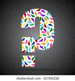 Vector letter made sign question mark. Concept toy font shape of aircraft, airplane, fly wings. Creative type, alphabet, font. Colorful, multicolor, colour child symbols. Question, ask, answer.