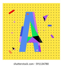 Vector Letter A Memphis style geometrical color outline latin font. Graphical decorative type