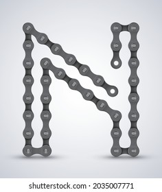 Vector letter N created from realistic bike chain. Alphabet symbol. Isolated on white background.