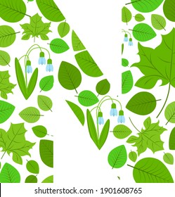 Vector letter N of spring fresh green leaves and flowers. An illustration on the subject of the alphabet.