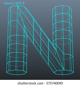 Vector letter N stylized polygonal wireframe 3d model. EPS 8