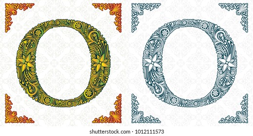 Vector letter O. Elegant patterned font. Monogram. Alphabet from leaf ornament. Victorian style. Handmade. Template for wedding invitations, postcards, booklets, posters, printing.