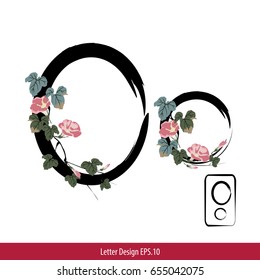 Vector of Letter O, English alphabet in Chinese characters style with Chinese flower painting.