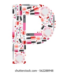Vector letter "P" with different manicure tools and cosmetics