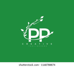 Vector Letter PP with Elegant Swoosh Arrow Decorative Leaf Vector Logo