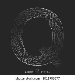 Vector letter Q of branch or cracked alphabet. Q symbol consisting of growing white lines. Fractured letters. Lighting silhouette of capital letters. Abstract font