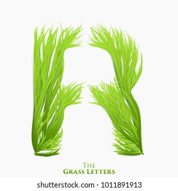 Vector letter R of juicy grass alphabet. Green R symbol consisting of growing grass. Realistic alphabet of organic plants. Spring and ecology typeset illustration