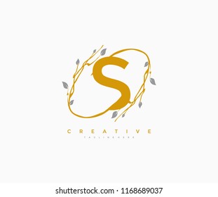 Vector Letter S with Elegant Ring Swoosh Decorative Leaf Vector Logo