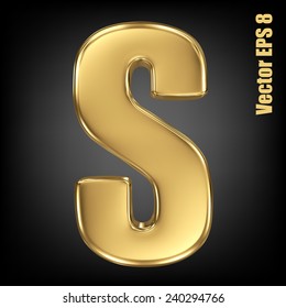 Vector letter S from gold solid alphabet. Uppercase golden font collection. EPS 8