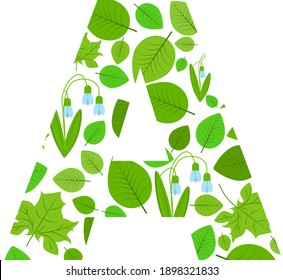 Vektor-Buchstabe A von Frühlingsfrischen grünen Blättern und Blumen. Eine Illustration zum Thema Alphabet.