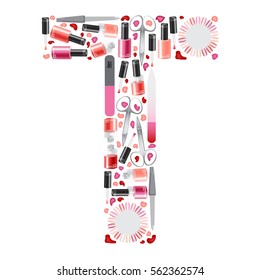 Vector letter "T" with different manicure tools and cosmetics